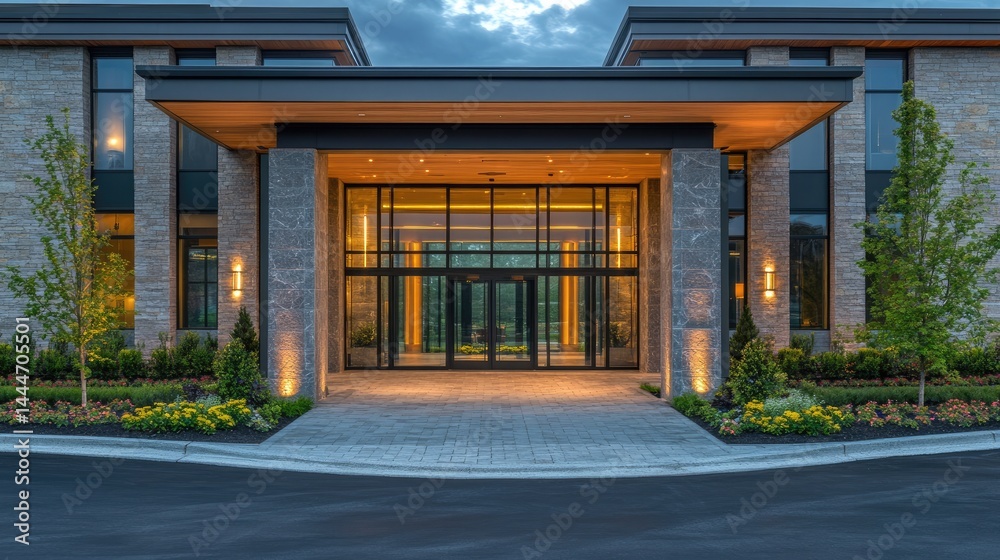 Obraz premium Lobby entrance surrounded by greenery and sustainable landscaping
