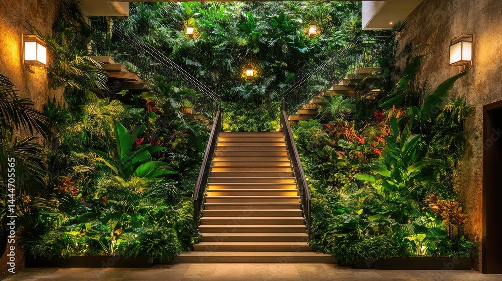 Fototapeta premium Lobby entrance surrounded by greenery and sustainable landscaping