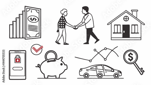 Black and White Line Art Icons: Finance, Assets, Savings, Deals, Property, Cars, Security, Investments.