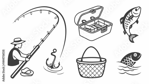 Vintage Fishing Icons Set Black White Line Art Angler Rod Fish Tackle Box Basket