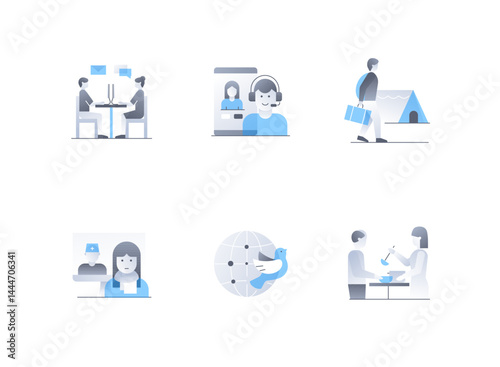 Help for refugees and displaced persons - flat design style icons set