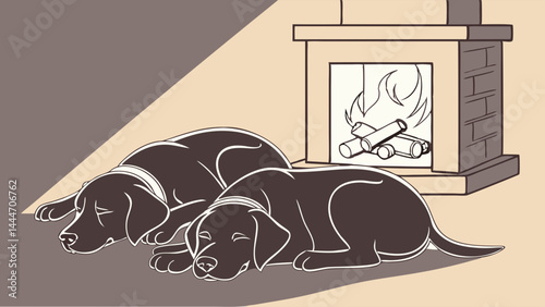 Cozy illustration of two dark dogs sleeping by a warm fireplace fire