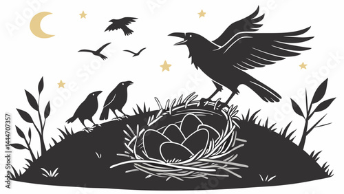 Black Silhouette Illustration of Crows Bird Nest With Eggs at Night Under Moon and Stars