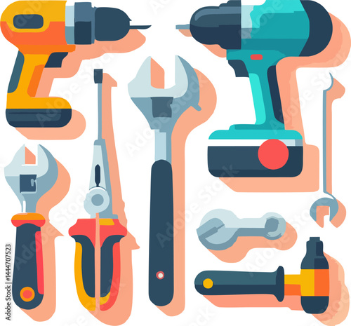 Flat Icon Set of Hand Tools and Drills for DIY and Repair