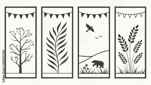 Four Black White Nature Illustration Panels Tree Fern Bear Wheat Bunting Minimalist Decorative Art