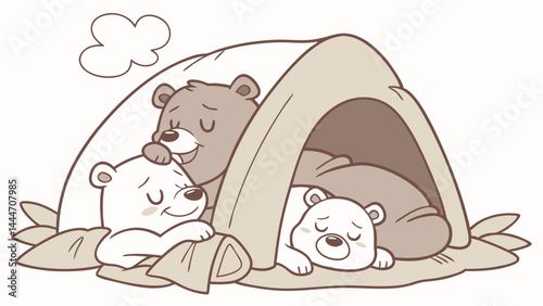 Cute sepia cartoon illustration of three bears sleeping snugly inside a camping tent