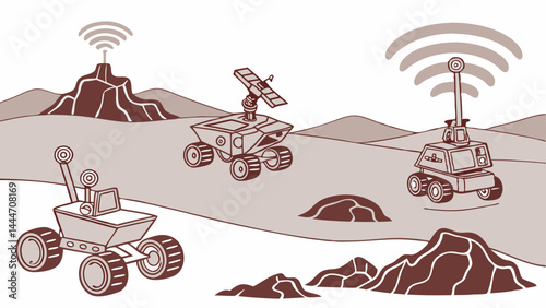Three Robotic Space Rovers Explore Alien Landscape with Antennas Sepia Illustration