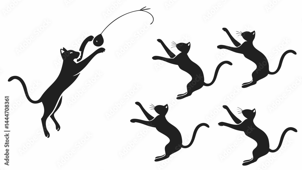 Black Cat Silhouettes Playing and Jumping for a Toy Black Cat Silhouettes Playing and Jumping for a Toy