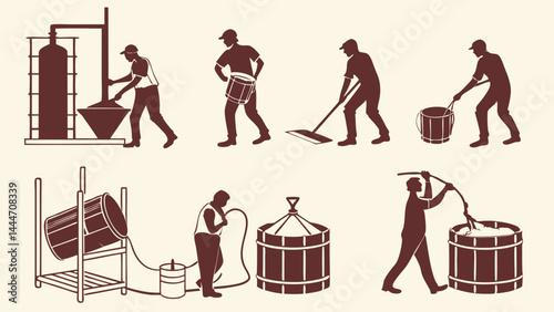 Brown silhouette illustration of traditional industry manual labor process with workers vats and barrels