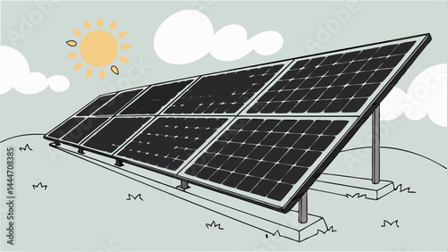 Detailed illustration depicting a solar panel array mounted on the ground capturing sunlight for renewable energy generation under a sunny sky with clouds