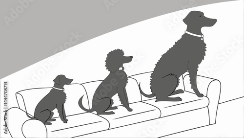 Simple black and white illustration of three black dogs of different sizes sitting on a couch, showing small, medium, and large pets.