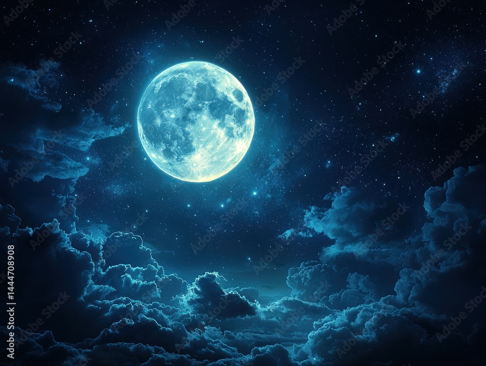A luminous full moon radiates light, veiled by swirling clouds and a star-studded expanse A luminous full moon radiates light, veiled by swirling clouds and a star-studded expanse