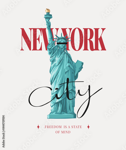New York city calligraphy slogan with liberty statue vector illustration