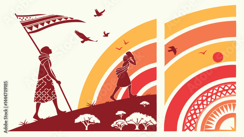 Graphic Art Illustration African Tribal Cultural Journey Flag Bearer Savanna Sunset Flying Birds Warm Colors