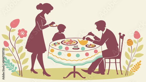 Retro Silhouette Family Dinner Illustration Mother Feeding Child Father Eating Easter Meal Spring Flowers