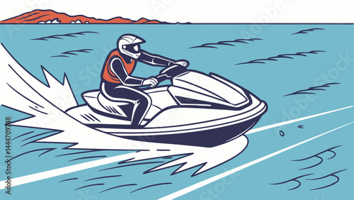 Graphic Illustration Jet Ski Rider Speeds on Blue Water Wake