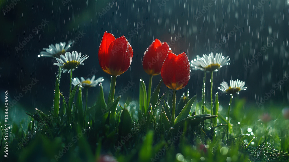Obraz premium Red tulips and white daisies stand vibrantly in lush green field, glistening with raindrops under gentle shower, creating serene and refreshing scene