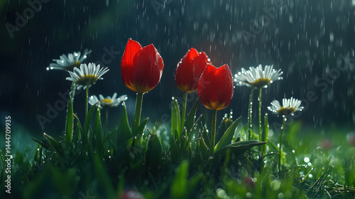 Red tulips and white daisies stand vibrantly in lush green field, glistening with raindrops under gentle shower, creating serene and refreshing scene