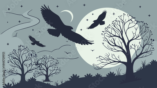 Eagles Flying Silhouette Illustration at Night Over Trees and River with Full Moon and Stars Nature Landscape Art