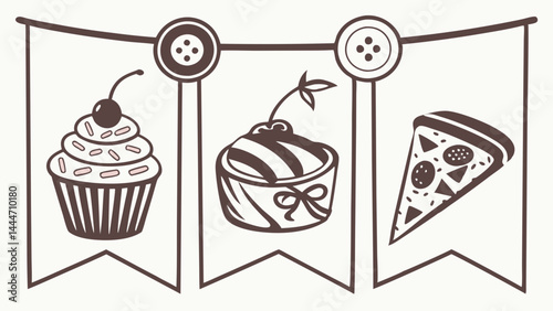 Hand Drawn Party Banner with Cupcake Dessert and Pizza Slice Illustration Sketch