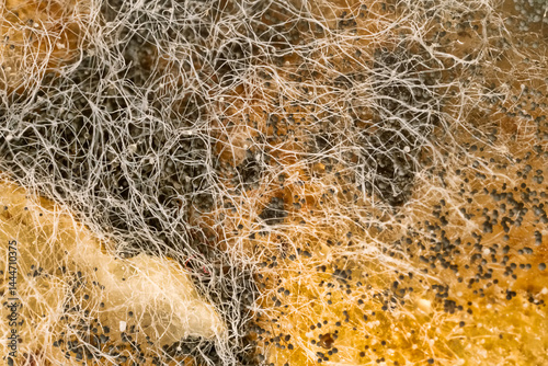 Penicillin and aspergillum mold on bread. Colonies of species of mold fungi, young (white), yellow Aspergillus flavus, green - Penicillum. Aspergillus niger ripe black round sporangia. Ultramacro