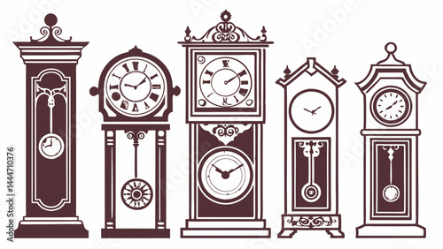 Set of Five Antique Grandfather Clocks Vintage Decorative Illustration