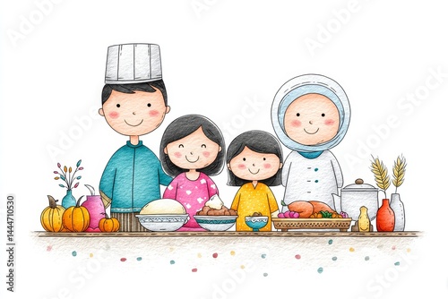 Authentic Malaysian Hari Raya Aidilfitri Family Feast - A cheerful Malaysian family celebrates Aidilfitri, symbolizing togetherness, gratitude, delicious food, cultural heritage, and family blessings photo