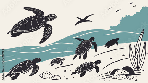 Simple Illustration Sea Turtles Hatching on Sandy Beach and Heading to Ocean Wildlife Nature Art