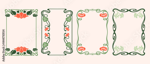 Art Nouveau style abstract floral and plant vector frames set. Decorative vintage ornate whimsical frames