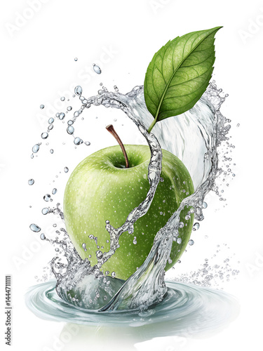 Green Apple with Water Splash and Leaf, Isolated on transparent Background