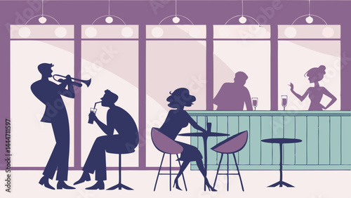 Live Jazz Music Bar Scene Retro Silhouettes Trumpet Player People Drinking Socializing