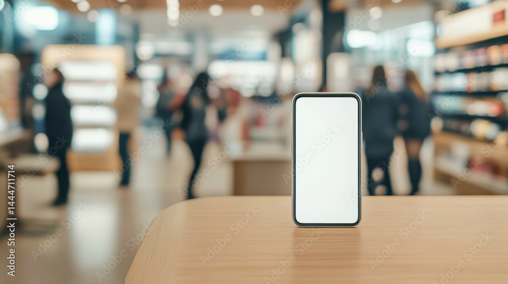 Smartphone on retail display table in a lively store environment with blurred customers Smartphone on retail display table in a lively store environment with blurred customers