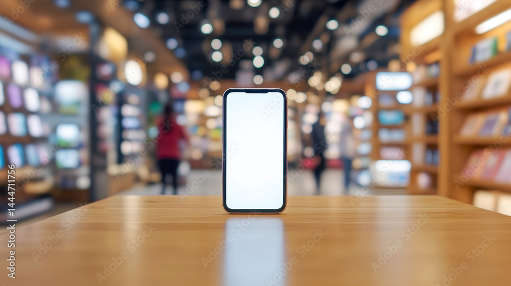 Showcasing a smartphone with a clean screen on a retail display in a lively store atmosphere