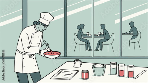Simple Flat Illustration of Chef Cooking in Restaurant Kitchen with Dining Customers