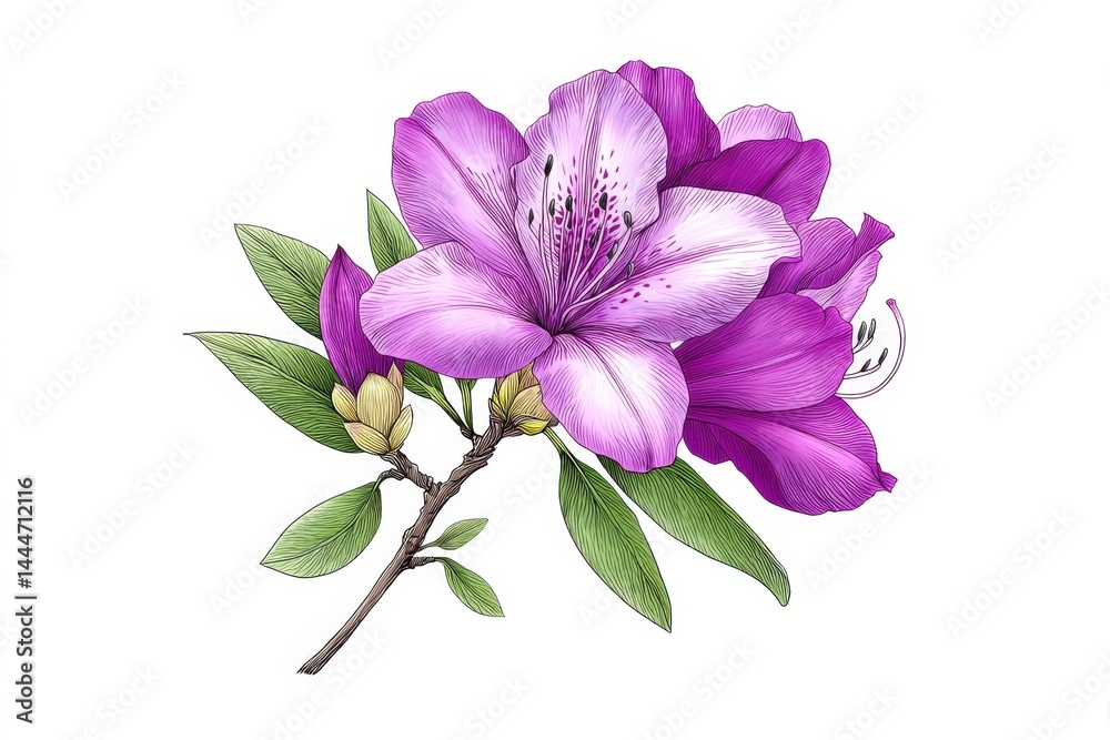 Obraz premium Blooming Azalea Branch Engraving Sketch - Delicate azalea blossoms, vibrant purple petals, detailed engraving , botanical illustration, spring freshness