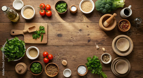 Wallpaper Mural Healthy Cooking Ingredients and Kitchen Tools Flat Lay on Rustic Wooden Background Torontodigital.ca