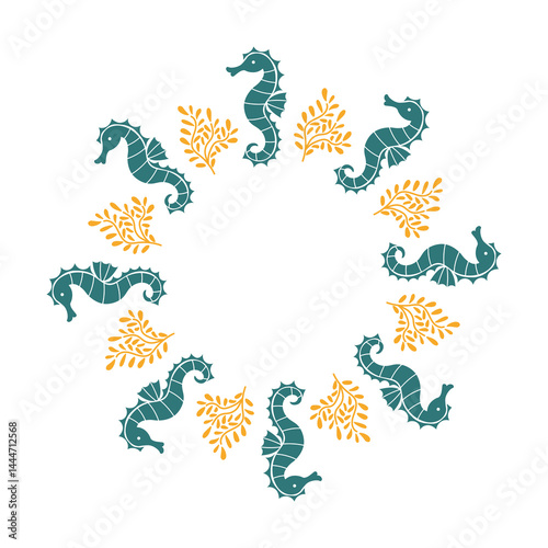 Seahorse and Coral Wreath. Magical underwater frame with Sea creations and weeds. For kids fantasy mermaid decor. Vector illustration