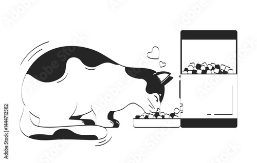 Cat lovingly eating from automatic feeder doodle linear character. Smart pet care. Feeding automation. IoT device feline 2D vector outline animal isolated. Hand drawn drawing illustration monochrome
