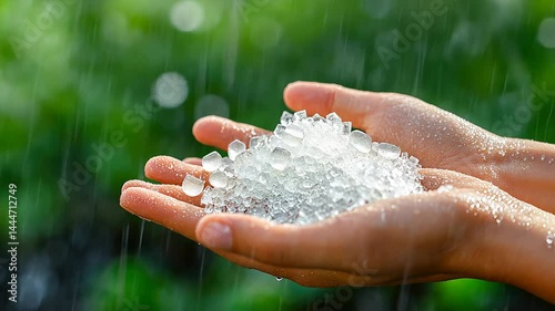 Woman holding hailstones in her hands after a storm	