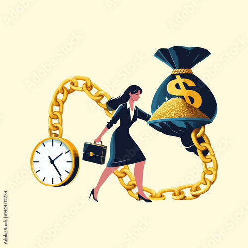 illustration of female office worker carrying a briefcase, with the bag containing money tied with a chain, business woman carrying money