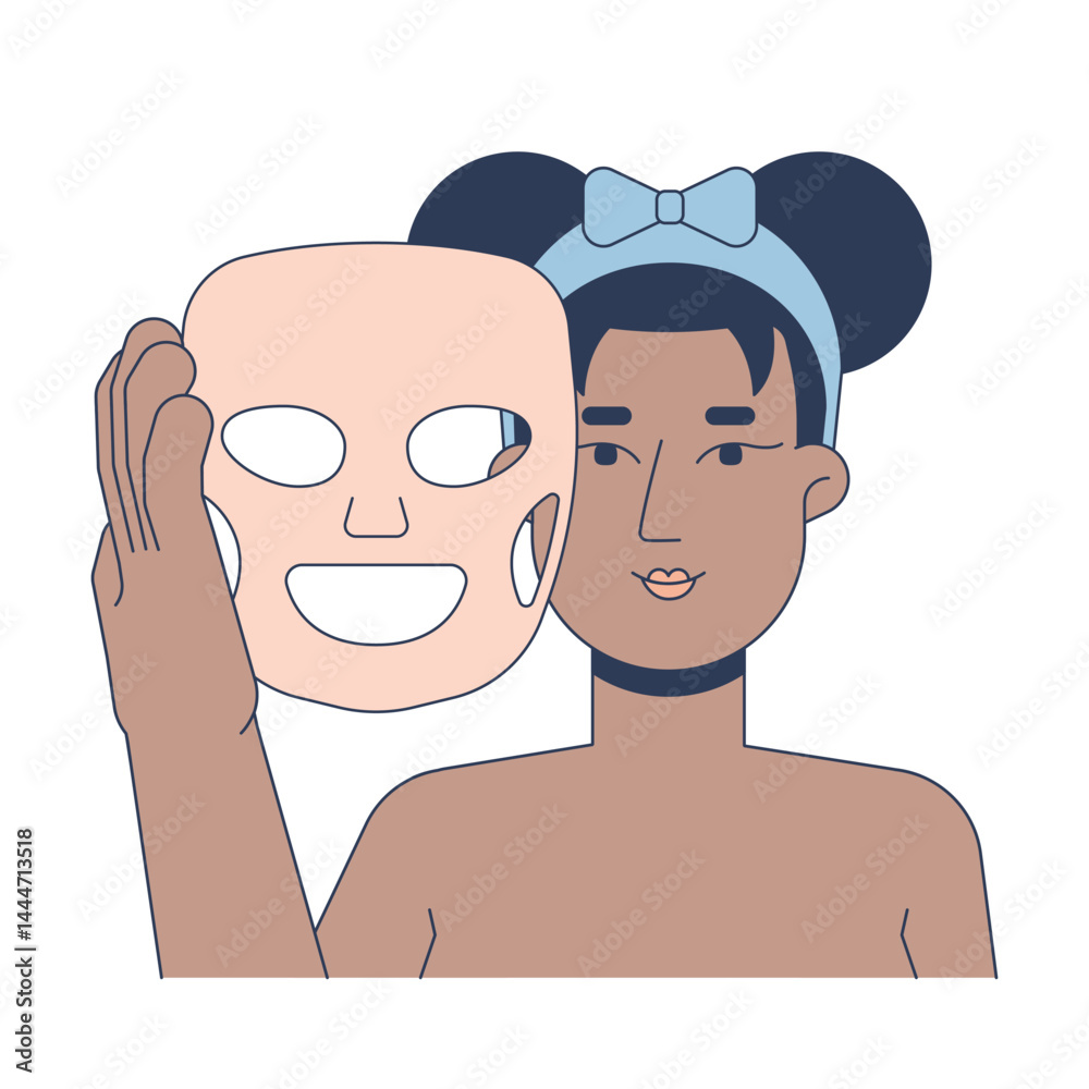 Black woman using sheet mask for skincare routine 2D vector illustration. Facial skin care. African american female face pampering flat character isolated on white background. Colorful cartoon image Black woman using sheet mask for skincare routine 2D vector illustration. Facial skin care. African american female face pampering flat character isolated on white background. Colorful cartoon image