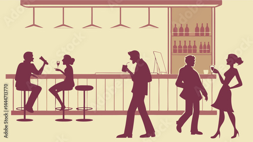 Retro bar illustration with people silhouettes drinking and socializing
