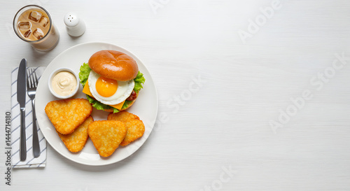 Wallpaper Mural Breakfast Burger with Egg and Heart Shaped Hash Browns Flat Lay with Copy Space Torontodigital.ca