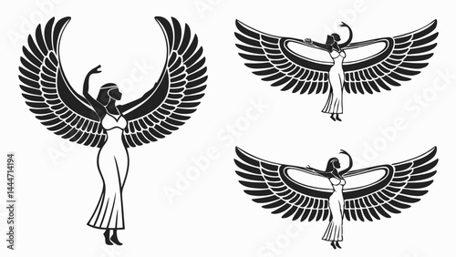Vintage Black and White Egyptian Winged Goddess Illustration Set - Ancient Egypt Mythology Graphic Art