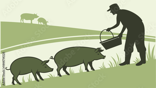 Silhouette illustration of a farmer feeding pigs from a bucket on a green rural hillside farm
