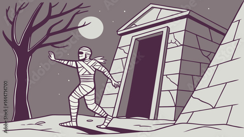 Spooky Mummy Rises from Ancient Egyptian Tomb at Night Under Full Moon and Bare Tree Illustration