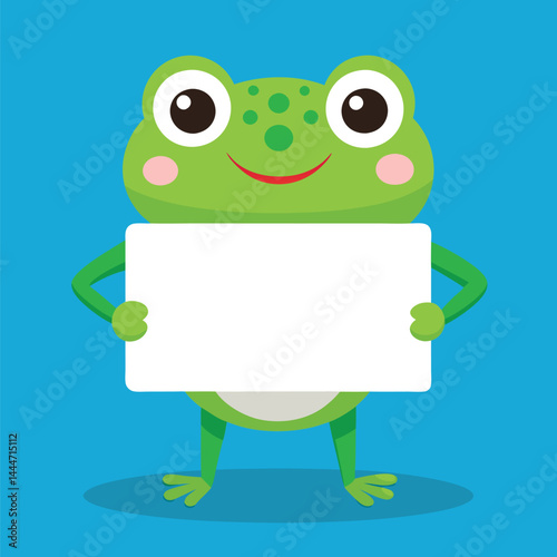 Discover the adorable design of a cute frog holding a white blank text board. This whimsical illustration captures the frog's playful demeanor and provides space for customizable messages, perfect for