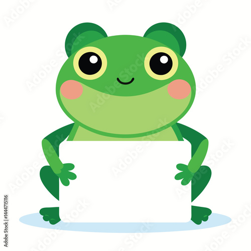 Discover the adorable design of a cute frog holding a white blank text board. This whimsical illustration captures the frog's playful demeanor and provides space for customizable messages, perfect for