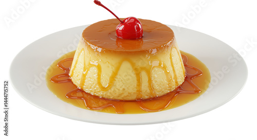Photos Isolated Caramel Flan Dessert with Cherry Topping
