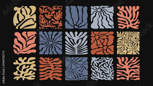 Seamless vector pattern with exaggerated tropical florals, wavy lines and saturated colors, retro-inspired and playful psychedelic surface design.